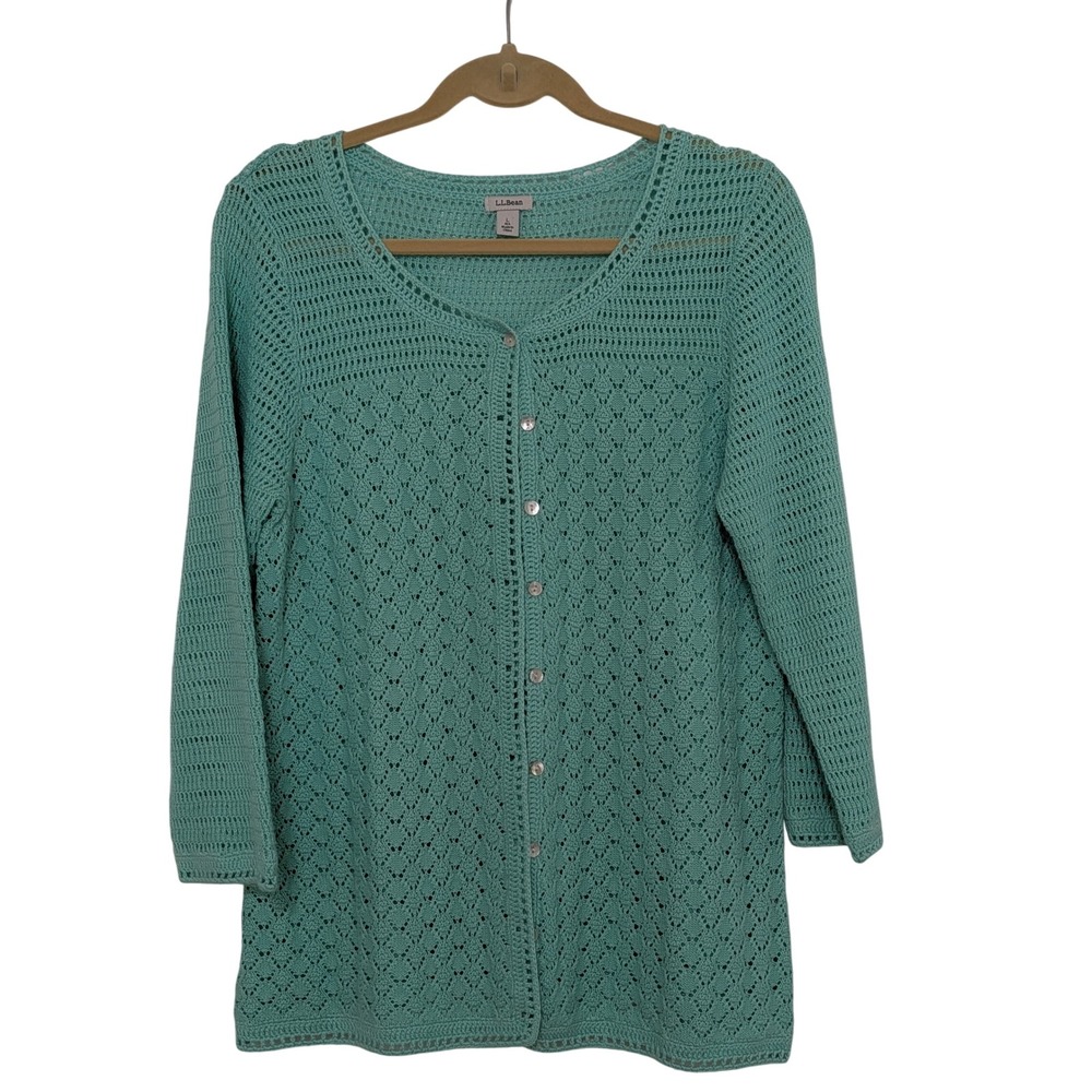 LL Bean Womens L Green Open Knit Cardigan Button Front Lightweight Sweater